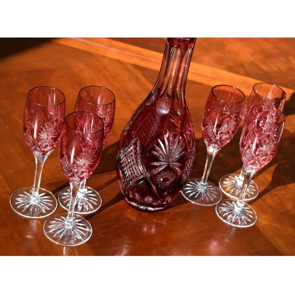 Nachtmann Traube Wine Decanter with Stopper and 6 Cranberry Tall Sherry Glasses